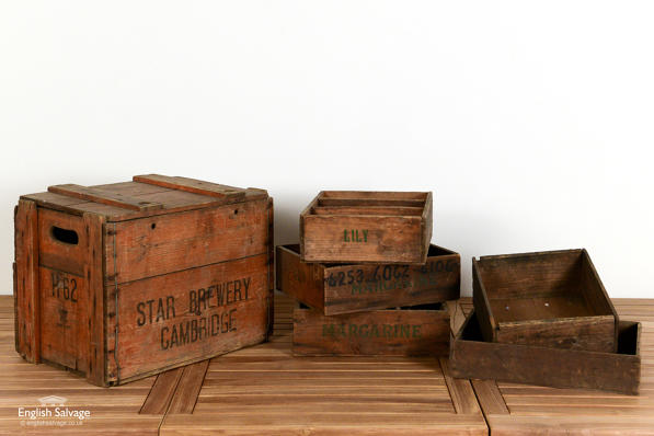 Vintage Wooden Grocery Storage Crates, Old Wooden Crates Uk