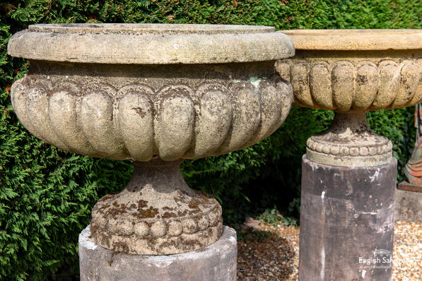 Weathered pair of gadrooned sandstone urns